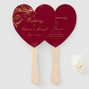 Elegant Burgundy Gold Floral Damask Script Wedding Hand Fan