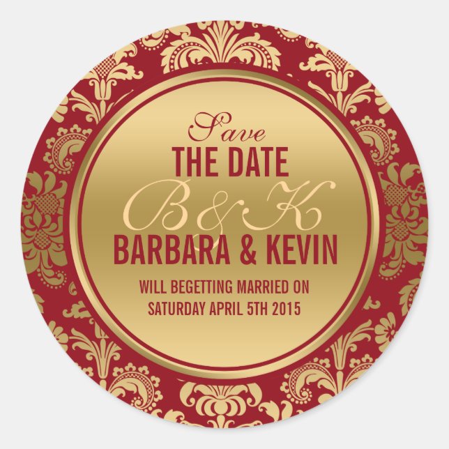 Elegant Burgundy & Gold Floral Damasks 2 Classic Round Sticker (Front)