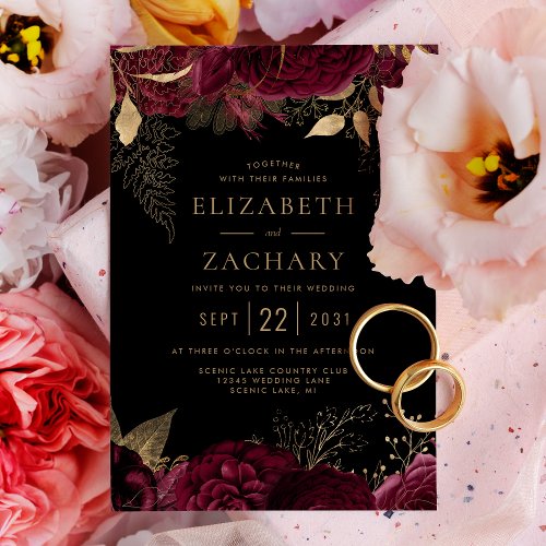 Elegant Burgundy Gold Floral Dark Wedding Invitation