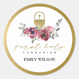 ELEGANT BURGUNDY GOLD FLORAL FIRST HOLY COMMUNION CLASSIC ROUND STICKER