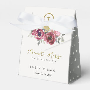 ELEGANT BURGUNDY GOLD FLORAL FIRST HOLY COMMUNION FAVOR BOXES
