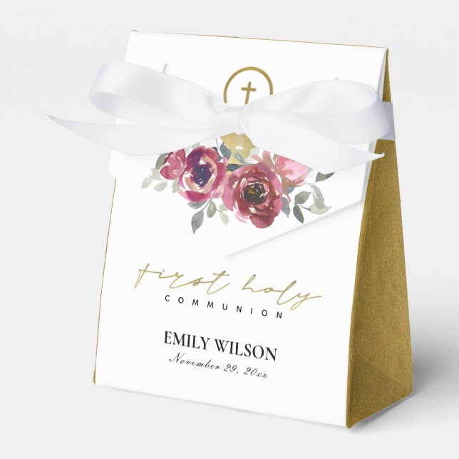 ELEGANT BURGUNDY GOLD FLORAL FIRST HOLY COMMUNION  FAVOR BOXES (Front Side)