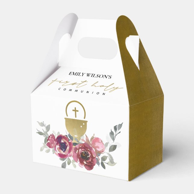 ELEGANT BURGUNDY GOLD FLORAL FIRST HOLY COMMUNION  FAVOR BOXES (Front Side)