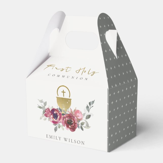 ELEGANT BURGUNDY GOLD FLORAL FIRST HOLY COMMUNION FAVOR BOXES (Front Side)