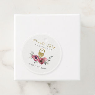 ELEGANT BURGUNDY GOLD FLORAL FIRST HOLY COMMUNION FAVOR TAGS