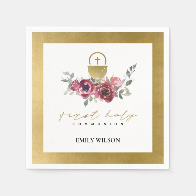 ELEGANT BURGUNDY GOLD FLORAL FIRST HOLY COMMUNION  NAPKINS (Front)