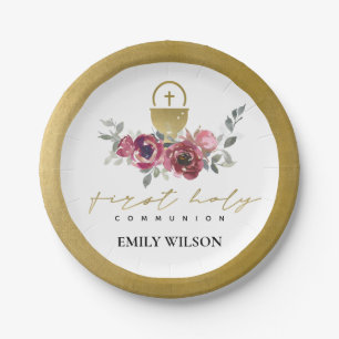 ELEGANT BURGUNDY GOLD FLORAL FIRST HOLY COMMUNION PAPER PLATES