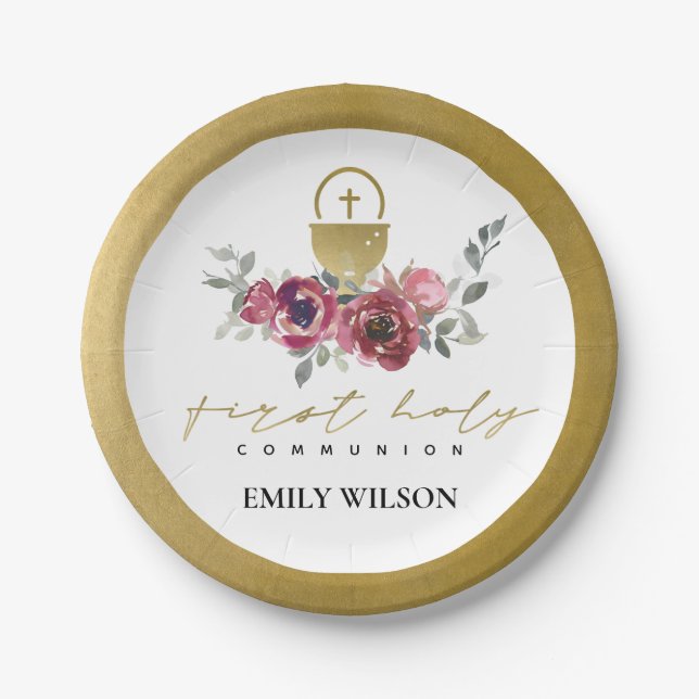 ELEGANT BURGUNDY GOLD FLORAL FIRST HOLY COMMUNION PAPER PLATES (Front)
