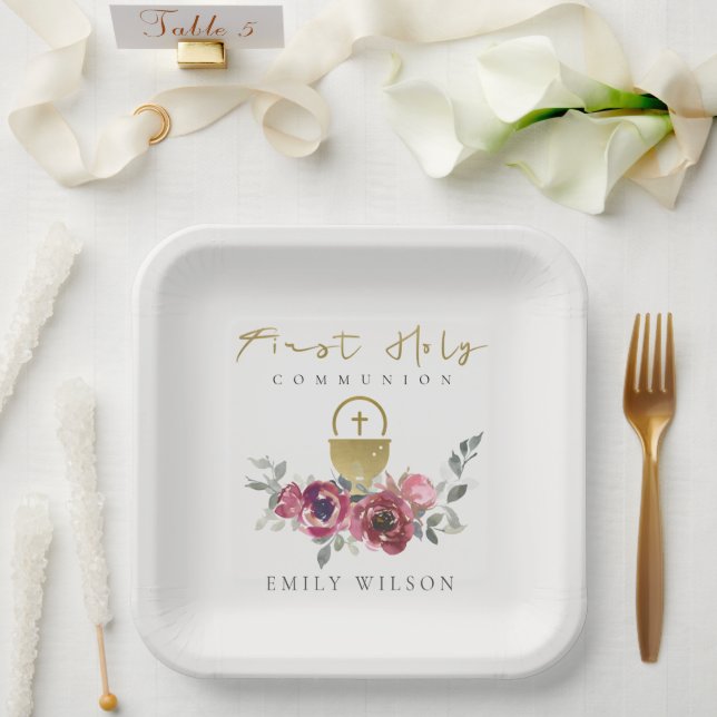 ELEGANT BURGUNDY GOLD FLORAL FIRST HOLY COMMUNION PAPER PLATES (Wedding)