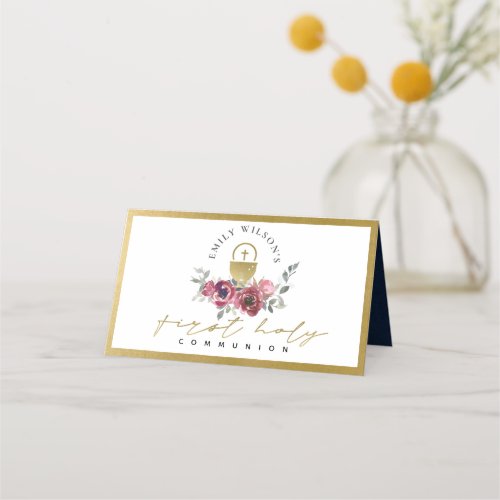ELEGANT BURGUNDY GOLD FLORAL FIRST HOLY COMMUNION PLACE CARD