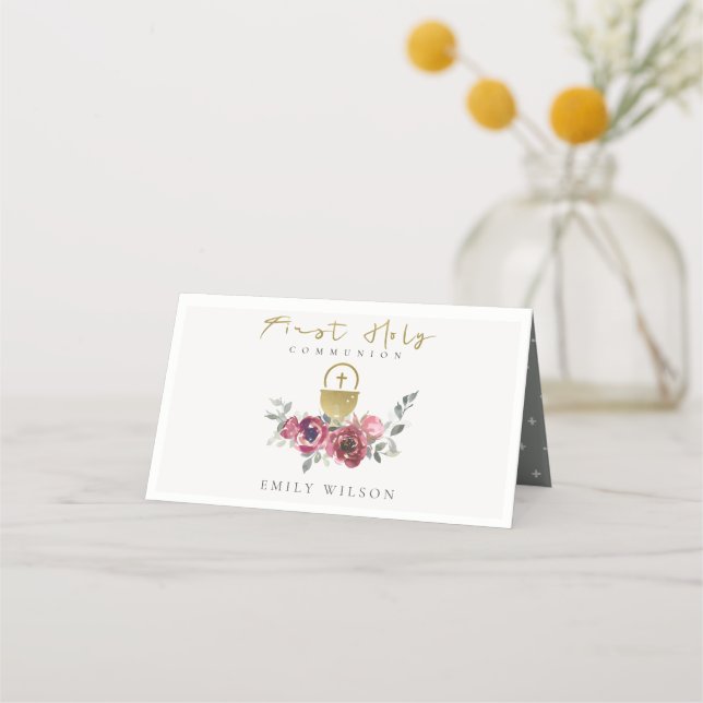 ELEGANT BURGUNDY GOLD FLORAL FIRST HOLY COMMUNION PLACE CARD (Front)
