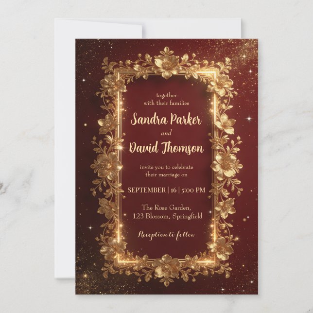 Elegant Burgundy & Gold Floral Frame Wedding  Invitation (Front)