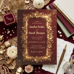Elegant Burgundy & Gold Floral Frame Wedding Invitation