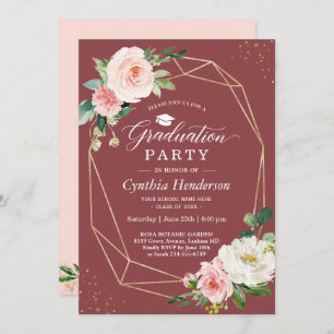 Elegant Burgundy Gold Floral Graduation Party Invitation