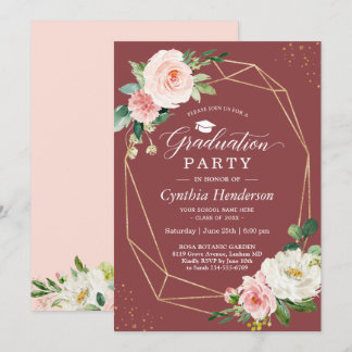 Elegant Burgundy Gold Floral Graduation Party Invitation