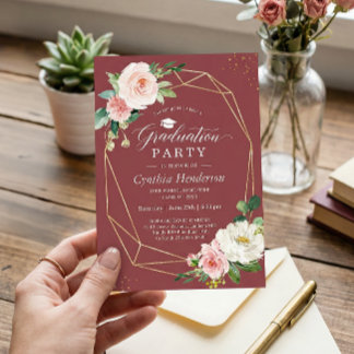 Elegant Burgundy Gold Floral Graduation Party Invitation