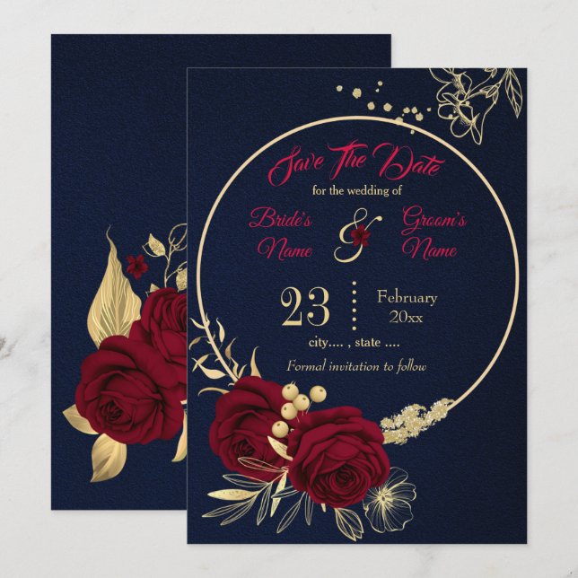 elegant burgundy gold floral navy blue save the date (Front/Back)