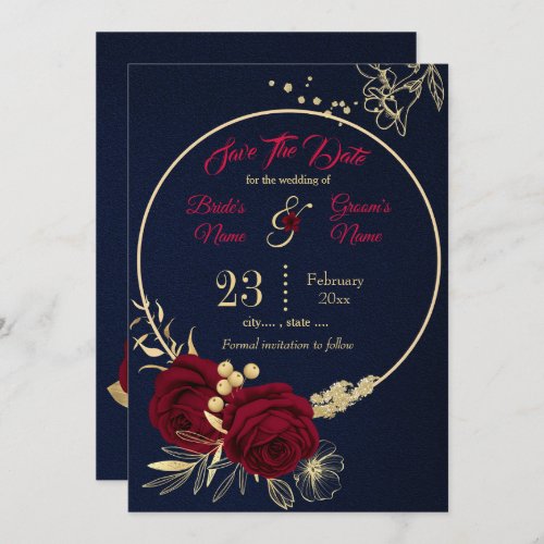 elegant burgundy gold floral navy blue save the date