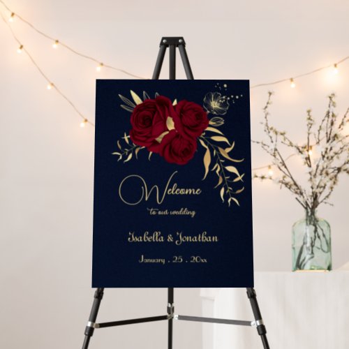 elegant burgundy gold floral navy welcome sign