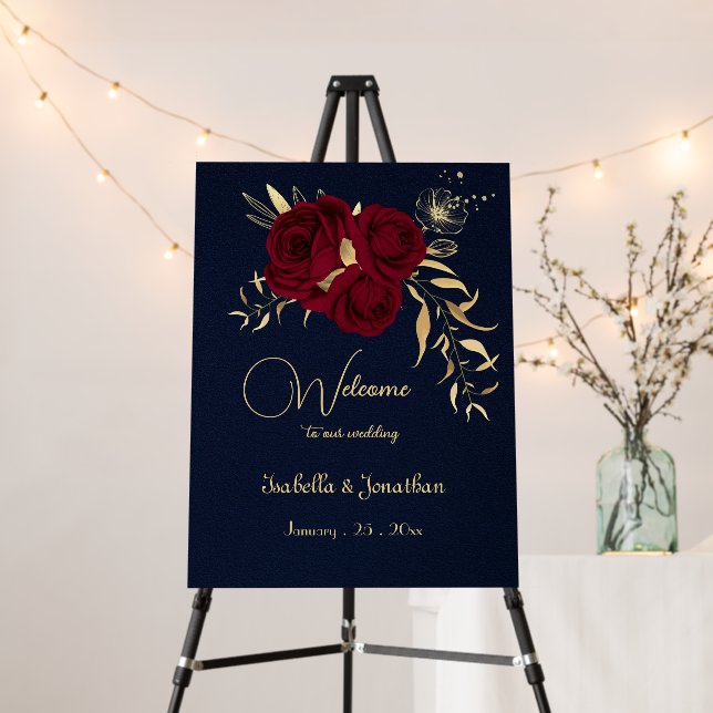 elegant burgundy gold floral navy welcome sign (In Situ (Stand))