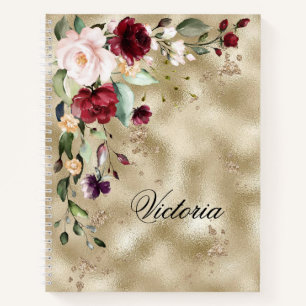Elegant Burgundy Gold Floral Personalized Script Notebook