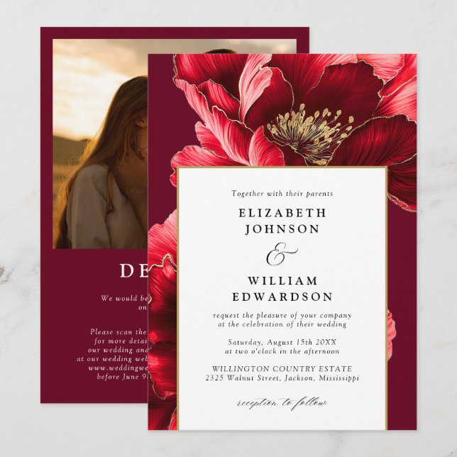 Elegant Burgundy Gold Floral Photo QR Code Wedding Invitation (Front/Back)