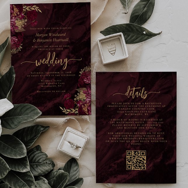 Elegant Burgundy Gold Floral QR Code Wedding Invitation (Creator Uploaded)