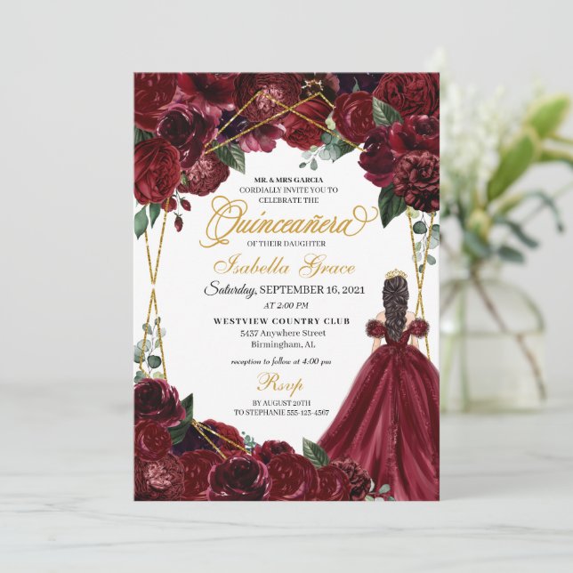Elegant Burgundy & Gold Floral Quinceanera Invitat Invitation (Standing Front)