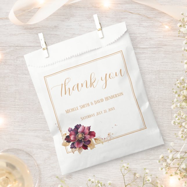 Elegant Burgundy Gold Floral Script Wedding Favor Bag (Clipped)