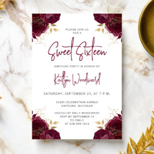 Elegant Burgundy Gold Floral Sweet 16 Party Invitation