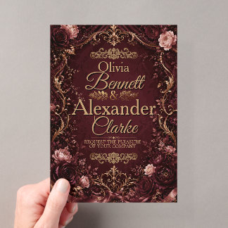 Elegant Burgundy Gold Floral Vintage Wedding Acrylic Invitations