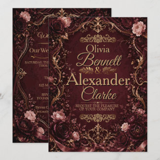 Elegant Burgundy Gold Floral Vintage Wedding Invitation
