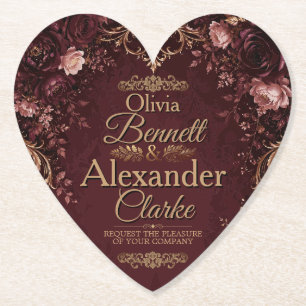 Elegant Burgundy Gold Floral Vintage Wedding Paper Coaster
