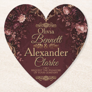 Elegant Burgundy Gold Floral Vintage Wedding Paper Coaster