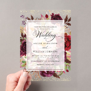 Elegant Burgundy Gold Floral Wedding Acrylic Invitations