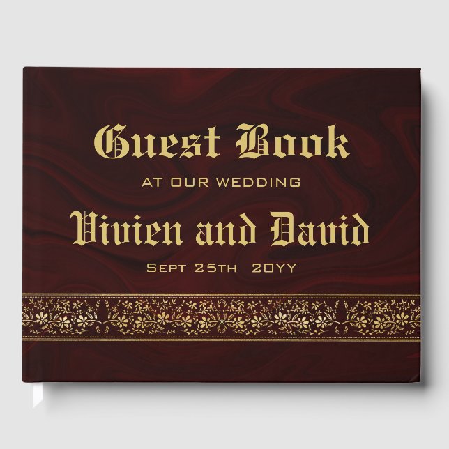 Elegant Burgundy Gold Floral Wedding Guest Book (Front)