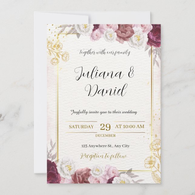 Elegant Burgundy & Gold Floral Wedding Invitation (Front)