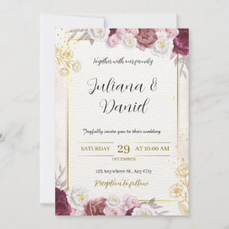 Elegant Burgundy & Gold Floral Wedding Invitation