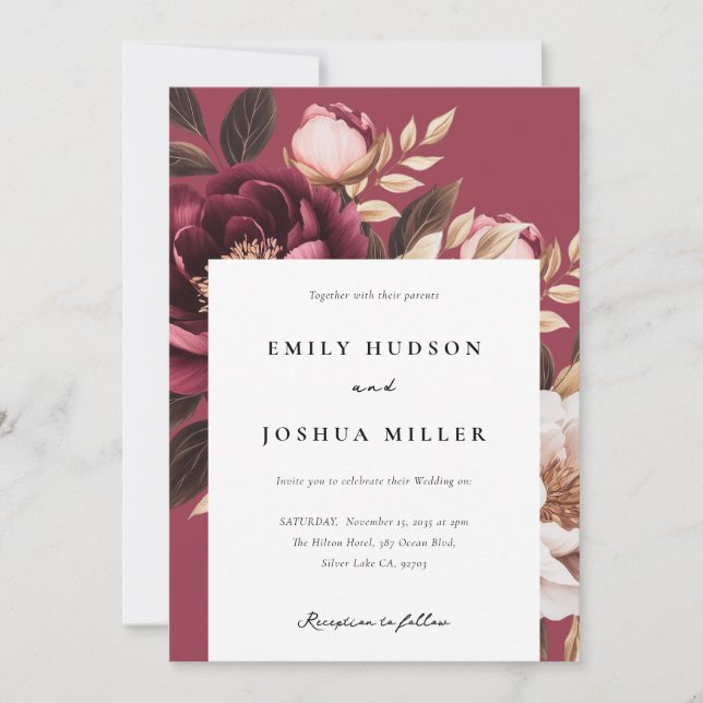 Elegant Burgundy Gold Floral Wedding Invitation (Front)