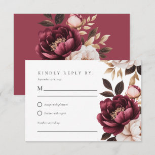 Elegant Burgundy Gold Floral Wedding RSVP Card