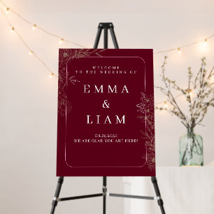 Elegant Burgundy Gold Floral Wedding Welcome Sign
