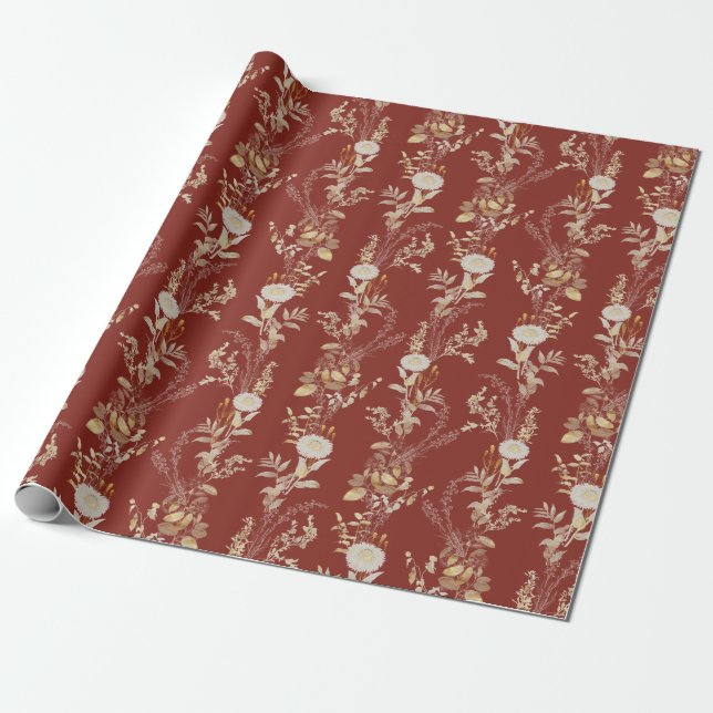 Elegant Burgundy Gold Flowers Gift Wrapping Paper (Unrolled)