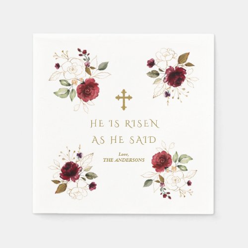 Elegant Burgundy Gold Flowers He Is Risen Easter  Napkins