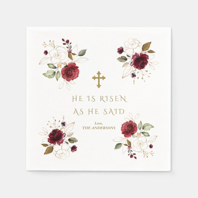Elegant Burgundy Gold Flowers He Is Risen Easter  Napkins (Front)