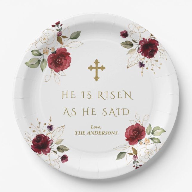 Elegant Burgundy Gold Flowers He Is Risen Easter   Paper Plates (Front)