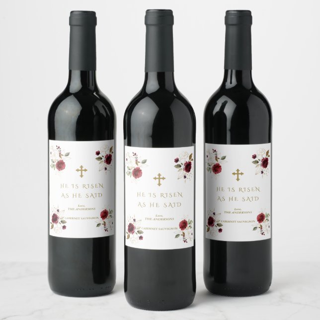 Elegant Burgundy Gold Flowers He Is Risen Easter   Wine Label (Bottles)