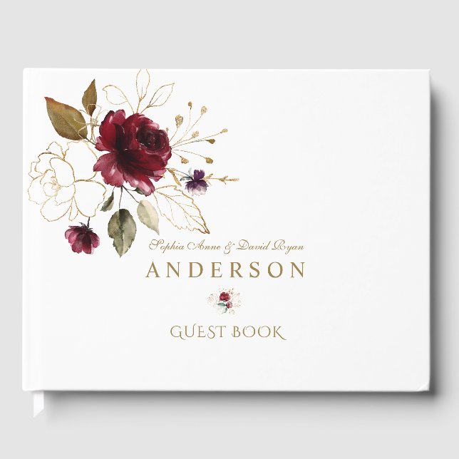 Elegant Burgundy Gold Flowers Monogram Wedding Guest Book (Front)