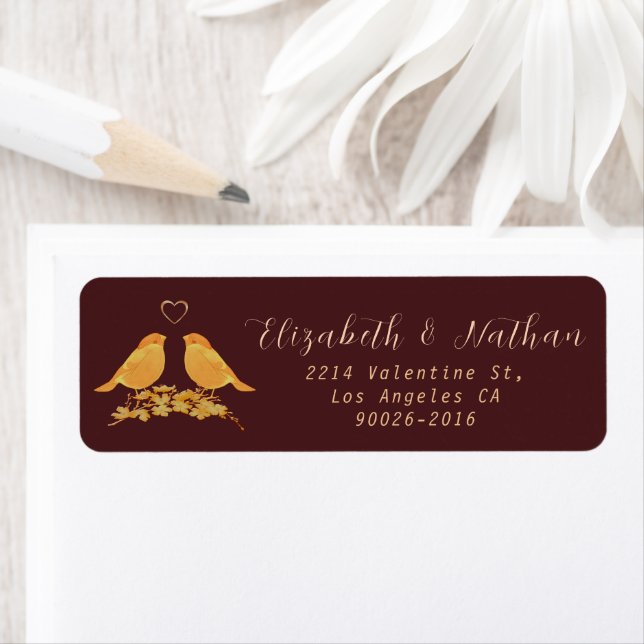 Elegant Burgundy Gold Flowers Return Address Label (Insitu)