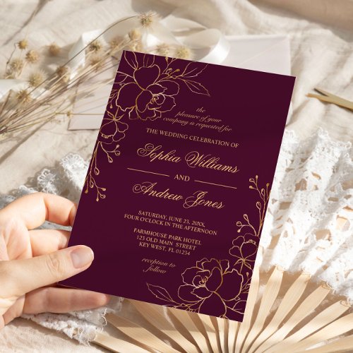 Elegant Burgundy  Gold Flowers Wedding Invitation