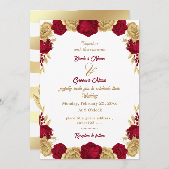 Elegant burgundy & gold flowers wedding invitation (Front/Back)